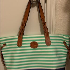 Dooney & Bourke Green and Blue Striped Tote with Brown Handles